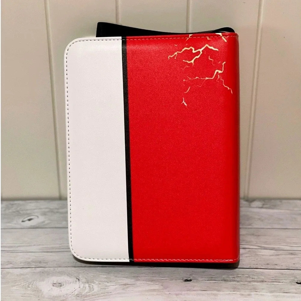 Red White Lightning Bolt 4-Pocket Trading Card Binder Zippered‎ Case with Strap